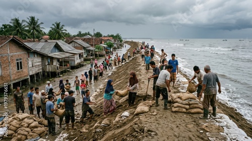 Community Effort - Building Sea Wall to Protect Coastal Village.