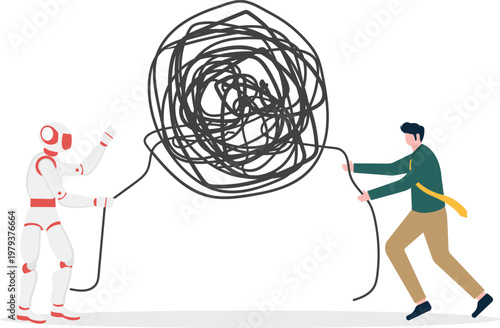 Human and robot unraveling a giant tangled mess