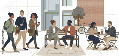 Abstract modern illustration of a futuristic cityscape at sunset with neon lights glowing on sleek buildings in a vibrant digital style with a dark blue and purple gradient