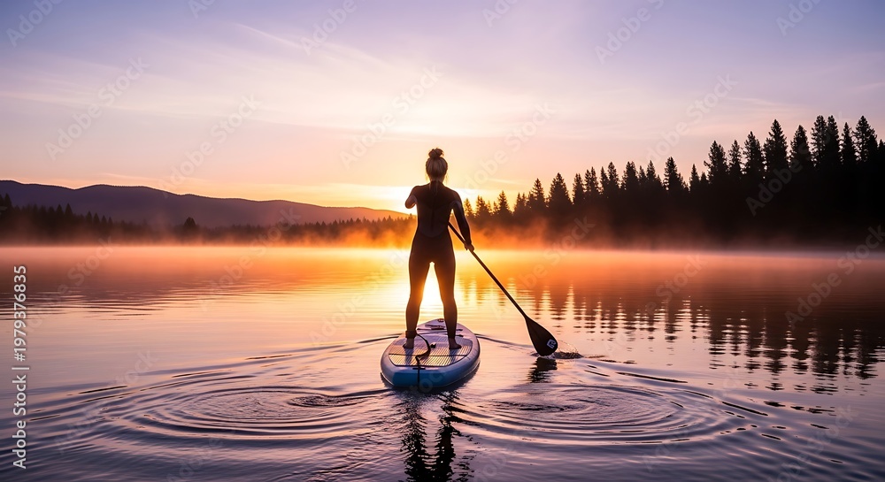 Fototapeta premium Person paddleboarding on serene lake.