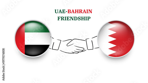 UAE and Bahrain flags in circle with shake hand. UAE and Bahrain friendship. UAE and Bahrain flags, isolated on white background. Vector icon set. Vector illustration.