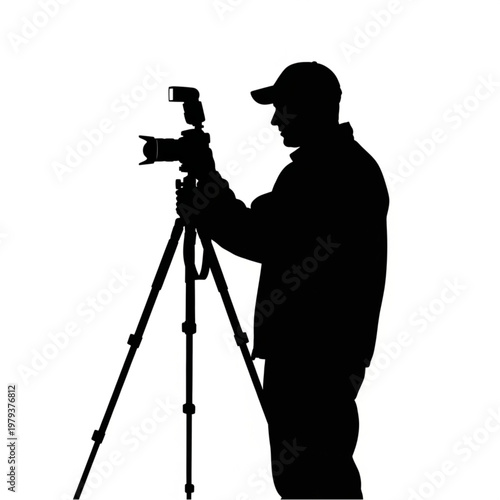 Photographer Standing with Camera on Tripod.