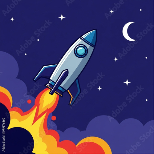 Gray Cartoon Rocket Ship Launching into Space.