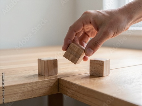 Hand placing wooden cube decision concept