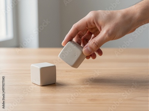 Hand holding white cube minimal choice concept