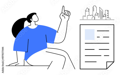 Education, business planning, urban development, documentation, creative thinking, career insights. Woman gesturing with raised finger near document and cityscape. Education and business