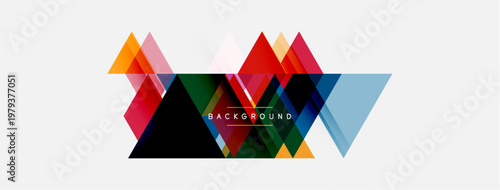 Abstract geometric shapes overlap, creating vibrant background. Red, blue, green hues dominate design. Minimalist style.