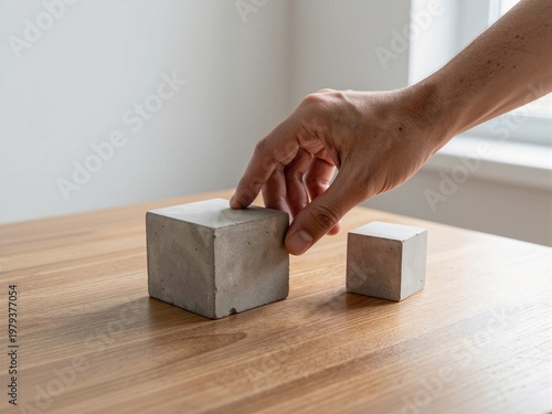 Hand touching concrete cube strategy concept