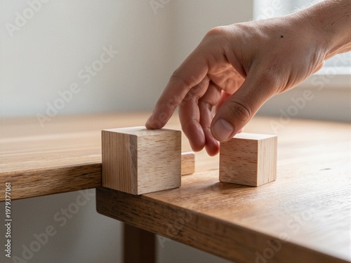 Hand placing cube on edge risk decision concept