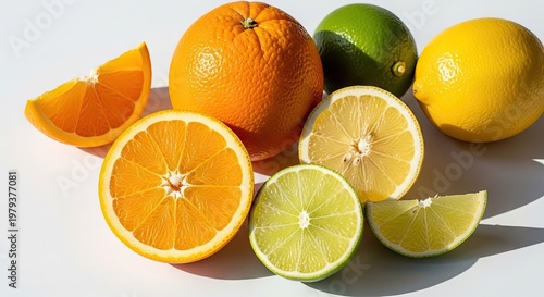 Fresh citrus fruits composition with orange lemon and lime slices on white