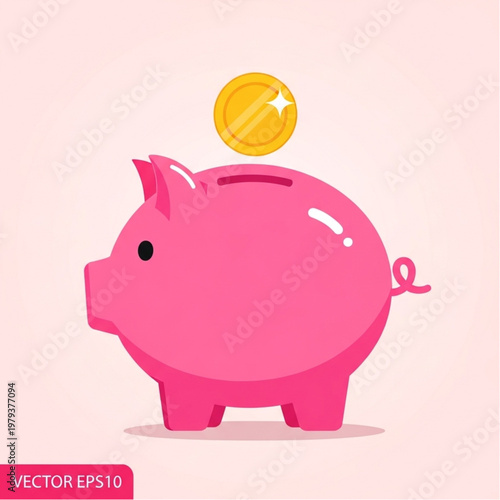 Pink Piggy Bank with Coin Above.