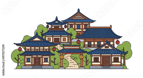 Traditional Japanese Architecture Complex with Gardens and Lanterns