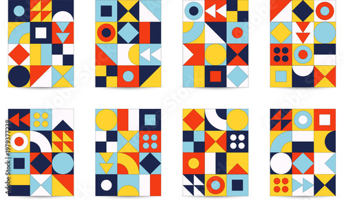 Set of eight abstract geometric posters in Bauhaus style with bright shapes triangles and circles for modern design. Eps 10