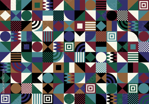Seamless geometric pattern in Bauhaus style with colorful shapes triangles circles and lines for modern textile design. Eps 10