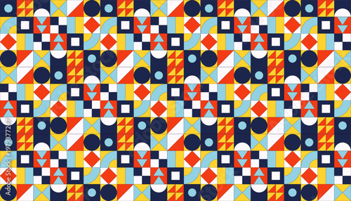 Seamless geometric pattern in Bauhaus style with bright shapes triangles and circles for modern textile design and wallpaper. Eps 10