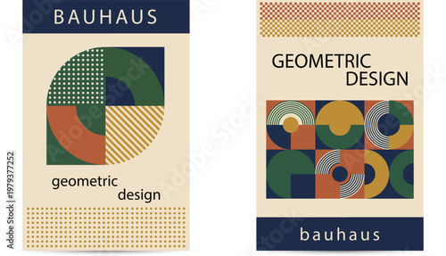 Set of two vertical abstract posters in Bauhaus style with geometric shapes circles and lines in retro colors. Eps 10
