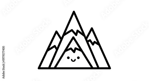 Cute Kawaii Mountain Range Illustration with a Smiling Face, Minimalist Nature Line Art Vector Icon