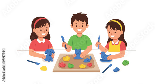 Three happy children sit at a table together, creatively sculpting adorable blue animals like a dog, cat, and bird out of colorful modeling clay.