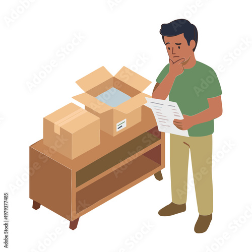 Man standing next to table with boxes reading document carefully