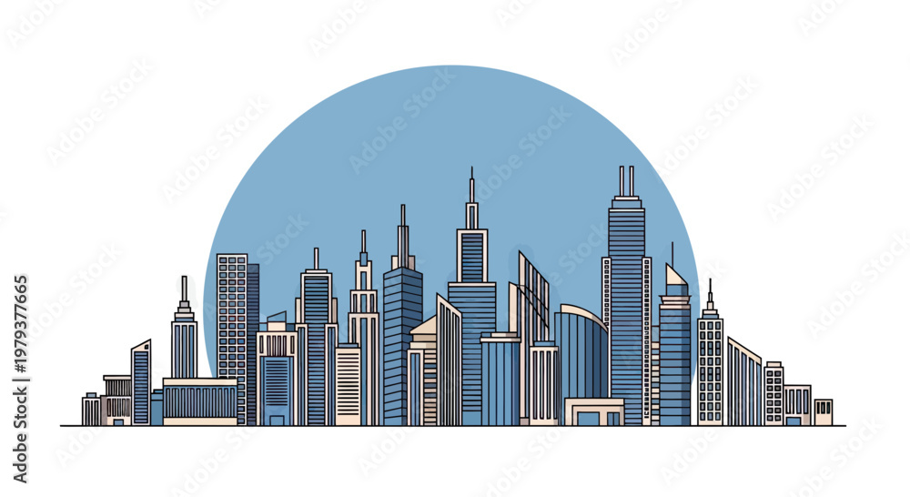 Fototapeta premium Modern City Skyline with Skyscrapers and Tall Buildings, Minimalist Urban Landscape Vector Illustration on Blue Background