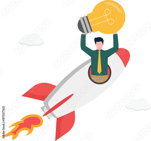 Professional riding a rocket while holding a lightbulb