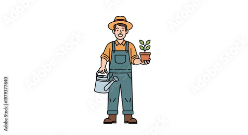 Smiling male gardener in overalls and hat holding watering can and potted plant, flat vector illustration isolated on white background.