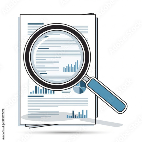Magnifying Glass Examining Document with Charts.
