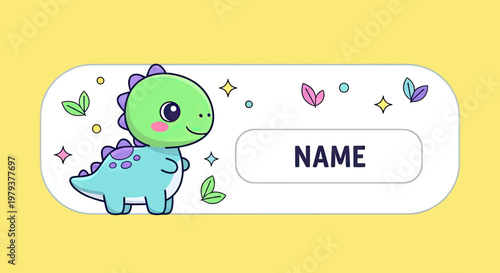 Cute Cartoon Dinosaur Name Label Template for School Kids, Kawaii Stegosaurus Sticker Design with Placeholder Text