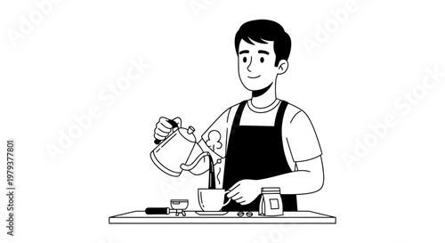 Barista Pouring Hot Coffee with Gooseneck Kettle into a Cup, Professional Coffee Maker Vector Line Art Illustration
