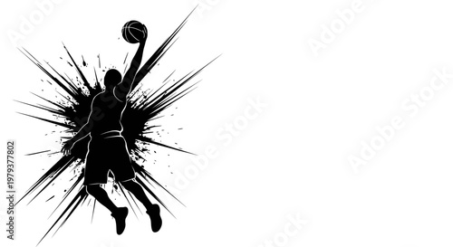 Dynamic Silhouette of a Basketball Player Jumping for a Slam Dunk with Ink Splash Background