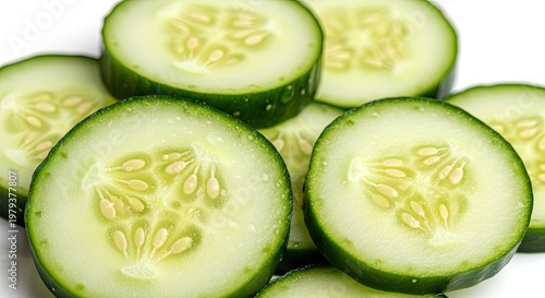 Fresh cucumber slices on white background showing texture and detail