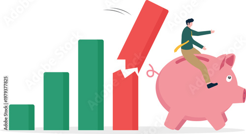 Professional riding a piggy bank while hitting a falling graph