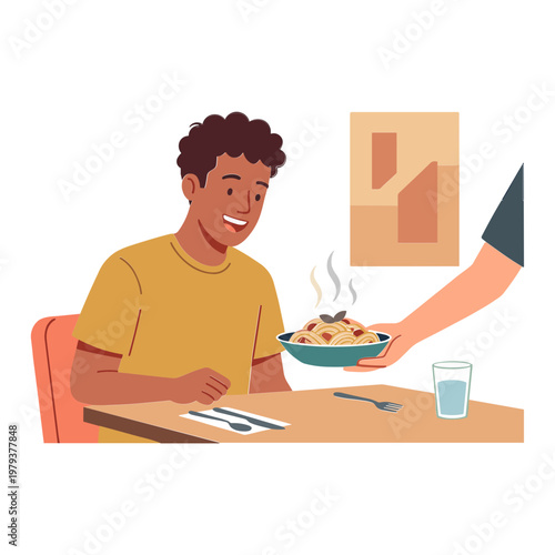 A man sits at a table smiling as someone serves him a hot bowl of food