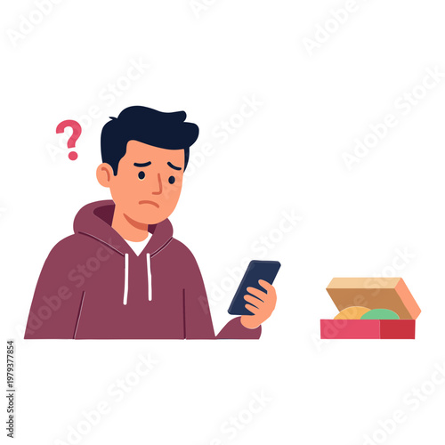 Man looking confused at phone next to open food delivery box