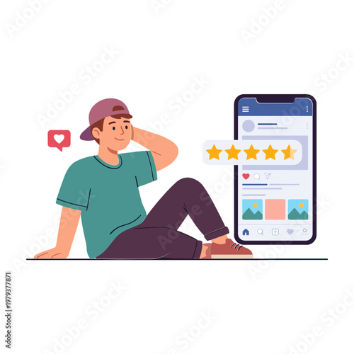 A man sits on the ground with a phone showing a review screen.