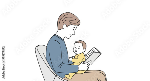 Young Father Reading a Story Book to His Baby Son While Sitting in a Chair, Parenting and Early Childhood Development Concept