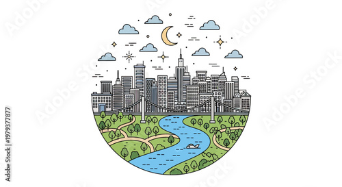 Modern City Skyline and Bridge Vector Illustration with River and Park under Starry Night Sky