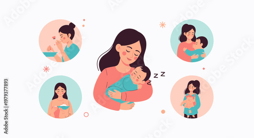 Motherhood and Childcare Vector Illustration Set: Mother Caring for Newborn, Sleeping, Feeding, and Carrying Baby in a Carrier