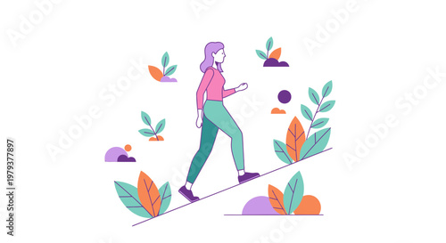 Vector illustration of a determined woman walking up a slope, symbolizing personal growth, career advancement, and achieving goals in a minimalist plant-themed environment.