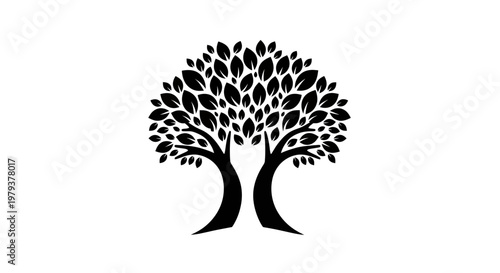 Stylized black and white tree silhouette illustration with lush leaves, symbolizing nature, growth, and environmental sustainability
