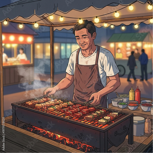 Man Cooking Meat on Outdoor Grill.