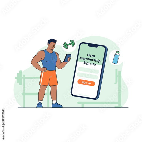 Man signs up for gym membership on phone at fitness center with dumbbell and bottle