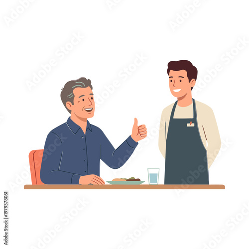 Man gives thumbs up to waiter in restaurant