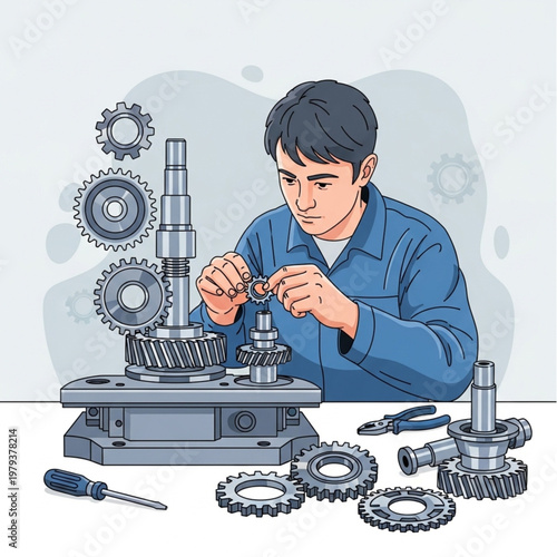 Mechanic Assembling Gears on Workbench.