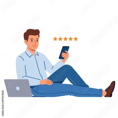 Man sitting on floor with laptop and phone rating experience