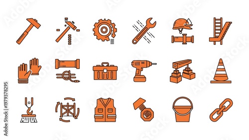 Construction Tools Icon Collection: A meticulously curated collection of construction tool icons, encompassing essential equipment for building and repair, rendered in a modern design.