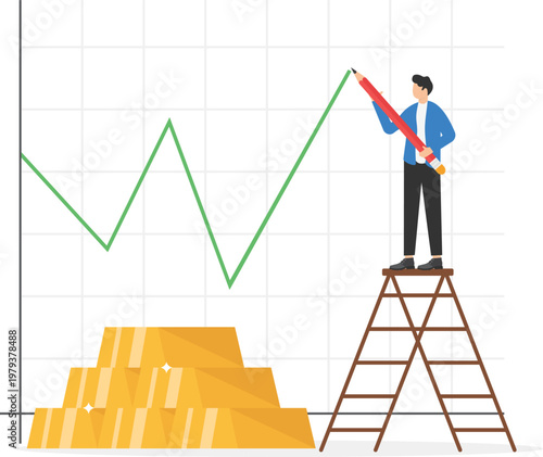 Professional drawing a rising green graph above gold bars