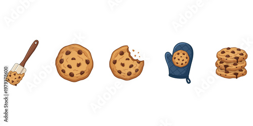 Set of Chocolate Chip Cookies and Baking Tools Icons