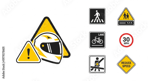 Collection of Road Safety Signs and Helmet Icon.