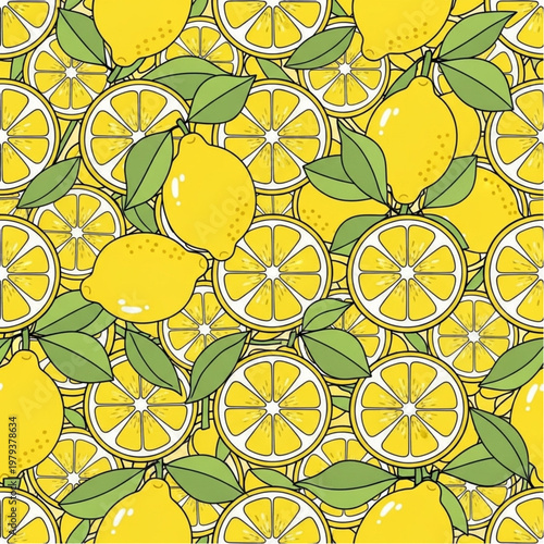 Lemon Pattern with Green Leaves Illustration.